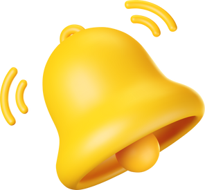 3D Notification Bell Icon. 3D Render Yellow Ringing Bell with New Notification for Social Media Reminder.